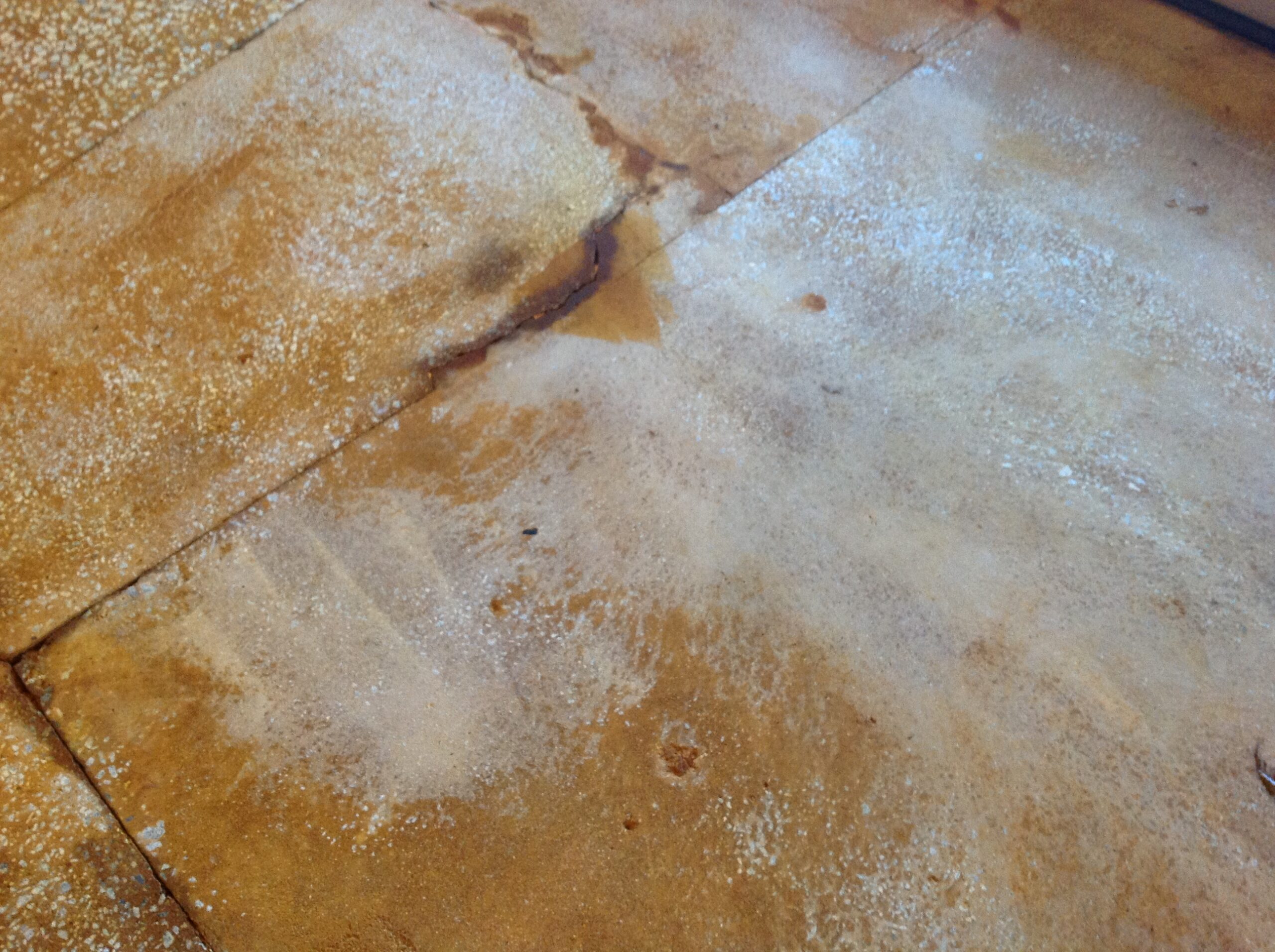 Image of the faded, aged concrete floor with white spots, before treatmen