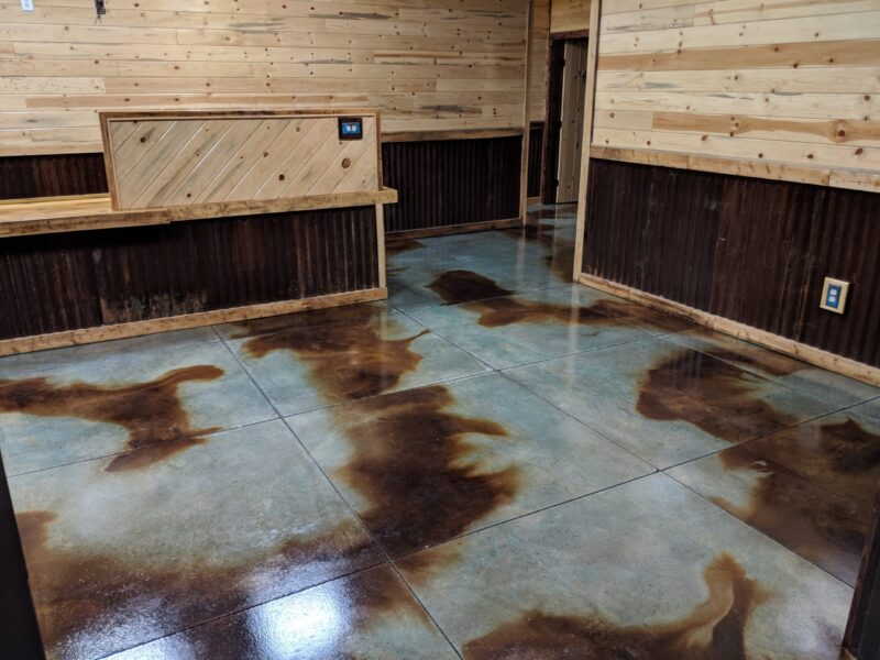 Acid stained barndominium office concrete floor