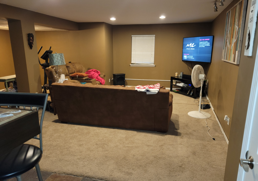 A basement man cave before renovation, featuring brown carpeting, tan walls, and a sectional sofa