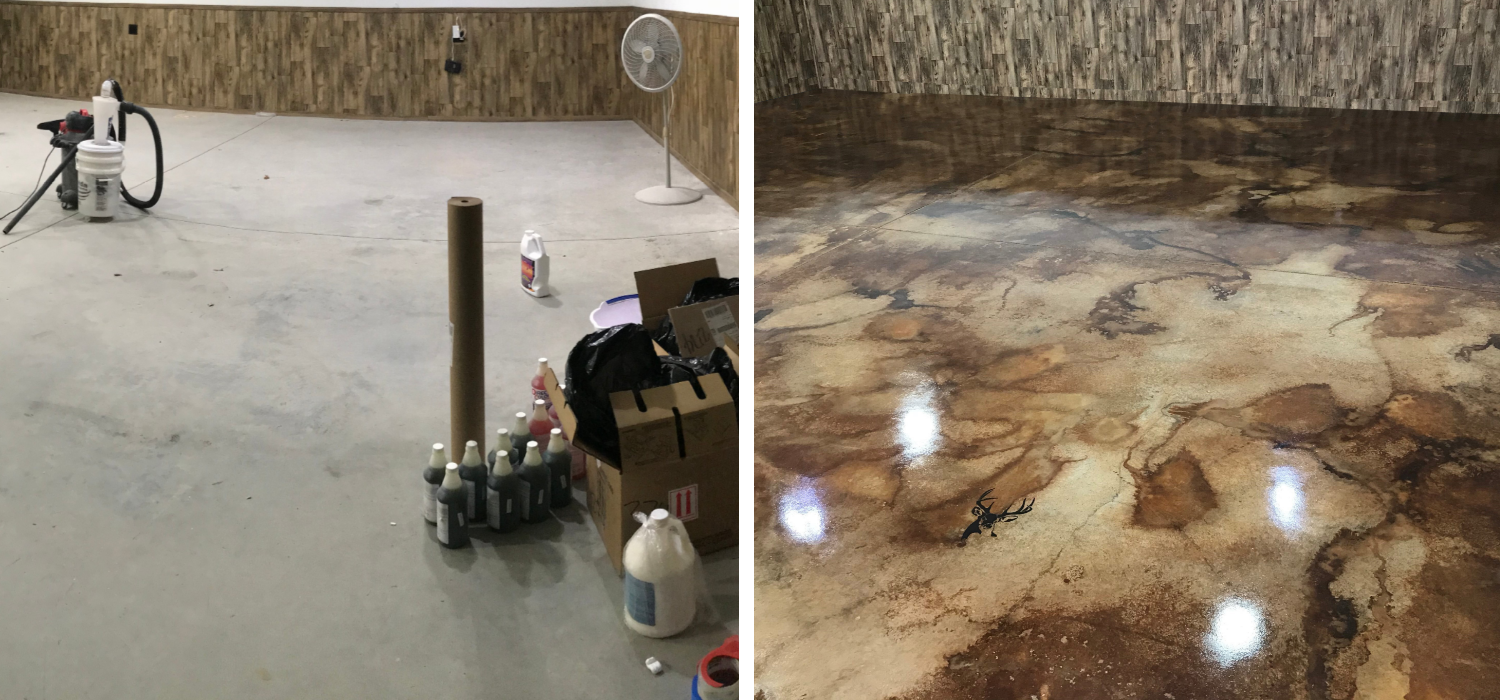 Before-and-after of a garage converted into a man cave, featuring a transformation from plain concrete to a glossy, marbled stained floor