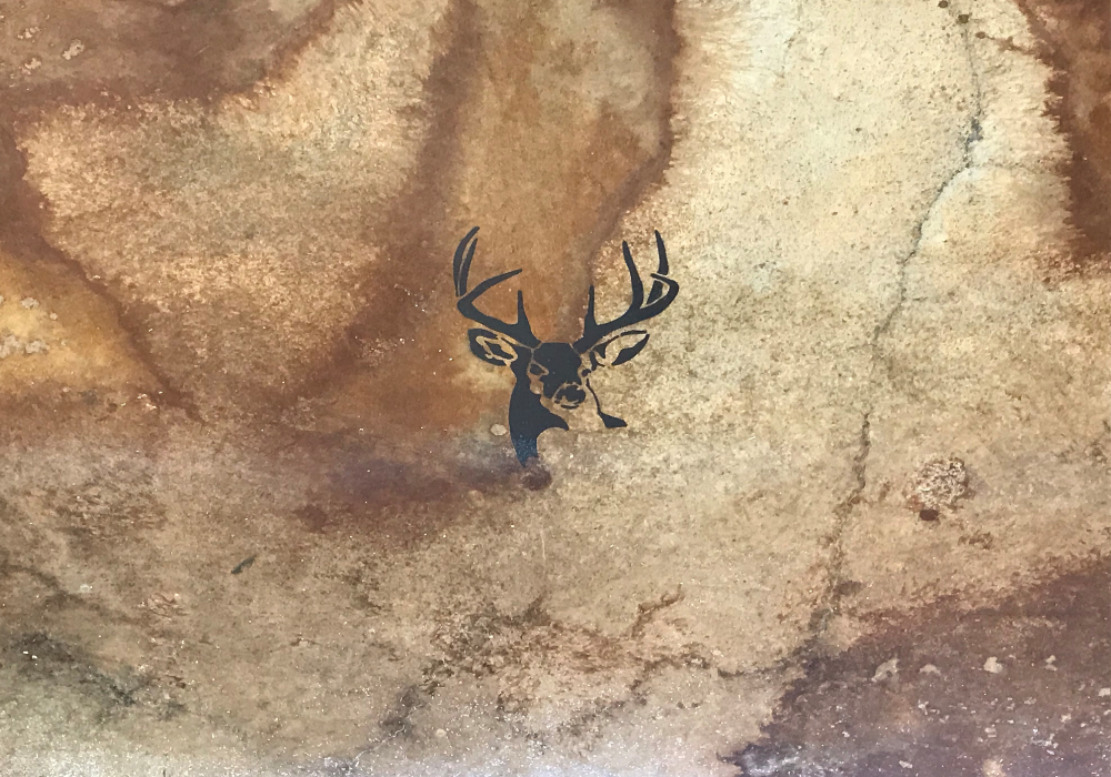 A close-up of a stained concrete floor featuring a black deer head stencil accent