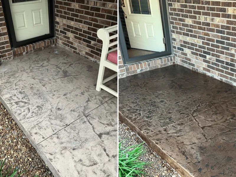 Before and after images of a porch slab, initially plain and now stained in a blend of Light Charcoal and Russet Antiquing™ colors, showcasing a textured, marbled finish
