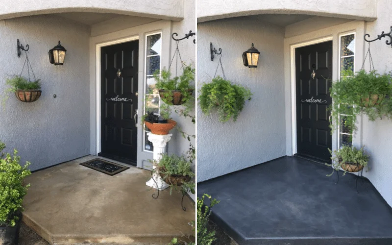 Before and after photo of a front porch restoration, transitioning from old, worn-out concrete to a revitalized surface stainedmwith Antiquing Charcoal