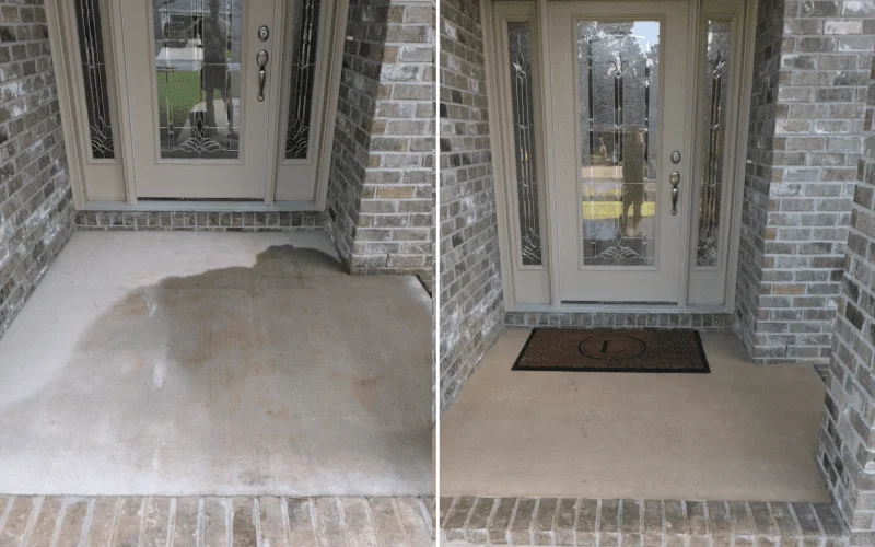 A stark before and a welcoming after, showcasing the front porch's transformation with a fresh application of khaki EasyTint for a clean and inviting entrance