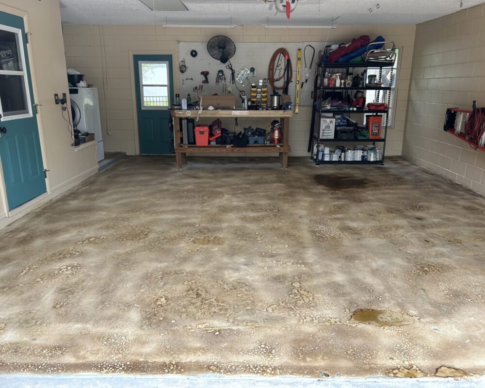 Applied three coats of ColorWave Amber to the garage floor with a pump sprayer, each coat taking just 15 minutes