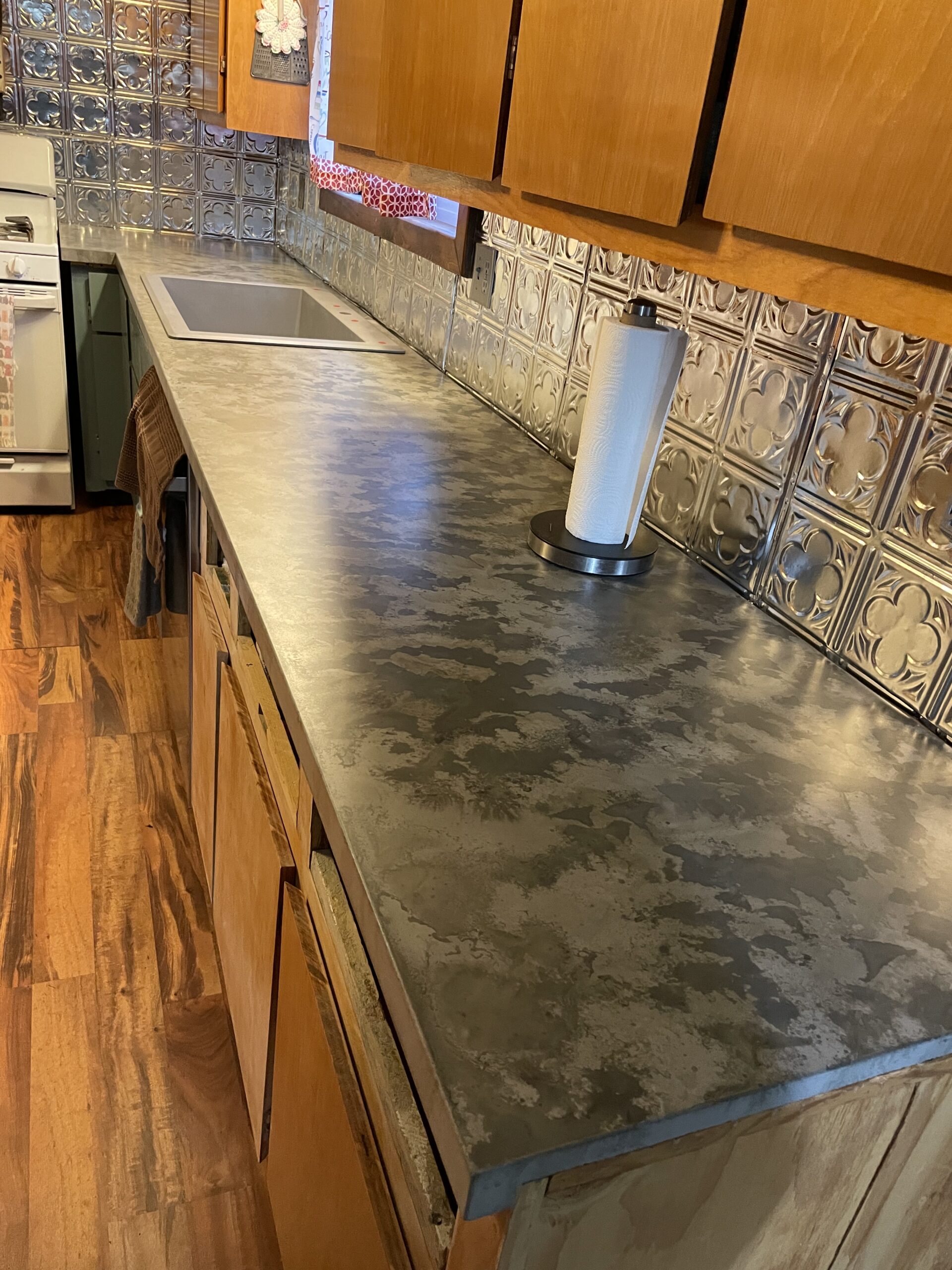 Installed Concrete Countertop Stained with Iron Gray and Steel Gray ColorWave
