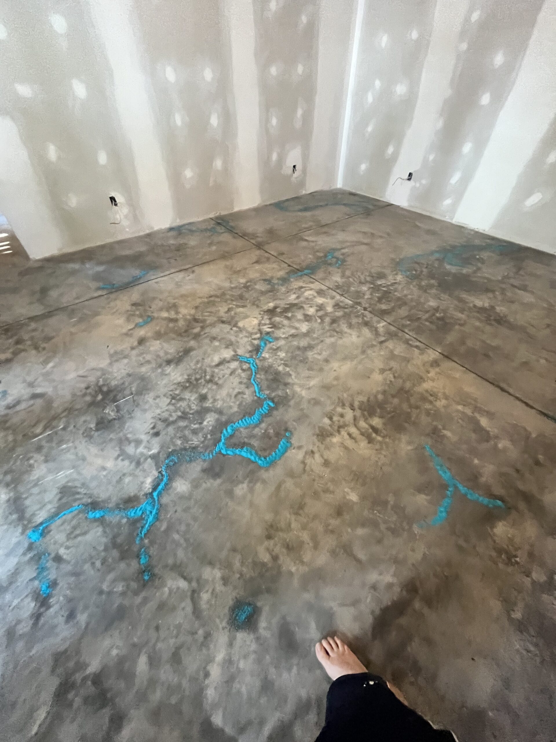 Concrete floor with Miracle Gro granules applied in a pattern