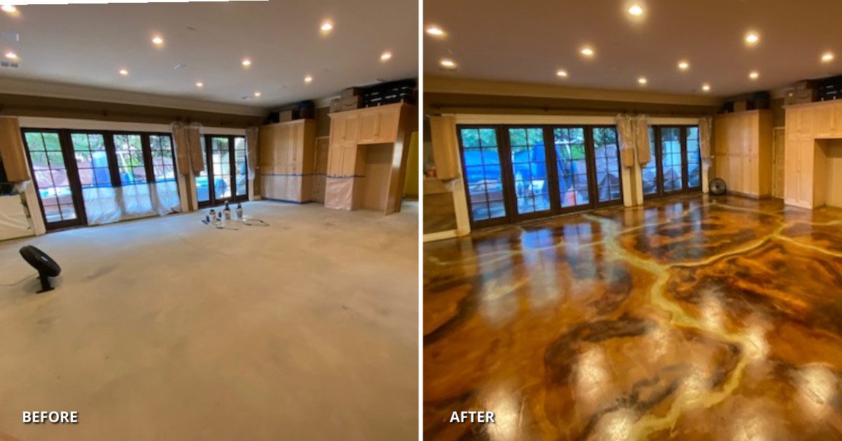 A comparison of a plain concrete gym floor on the left and a vein stained concrete gym floor on the right, showcasing the dramatic transformation achieved through the concrete veining technique