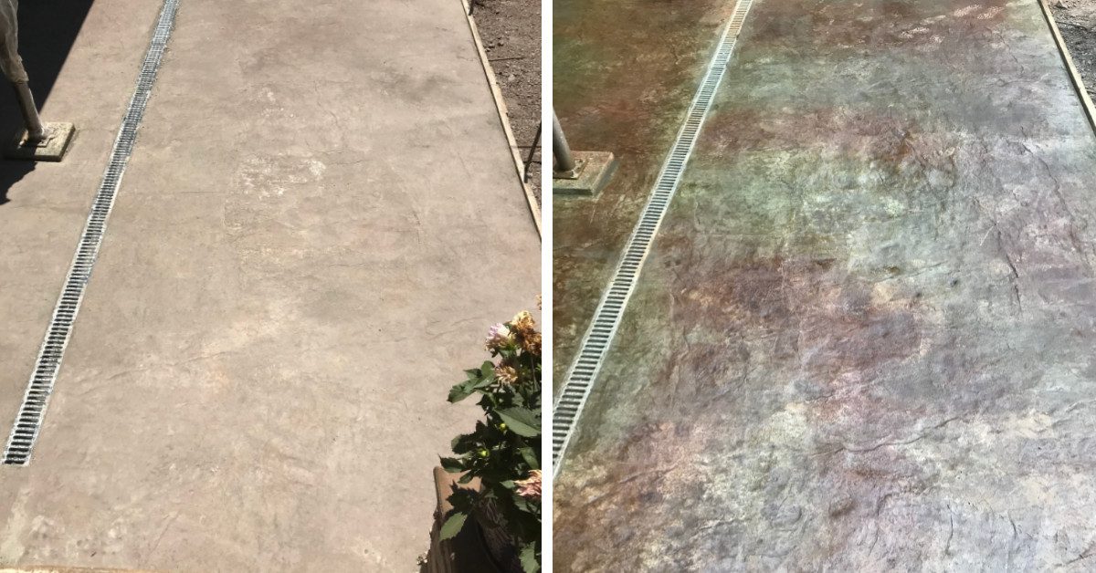 Before and after photos of stained concrete floor with water based ColorWave stains
