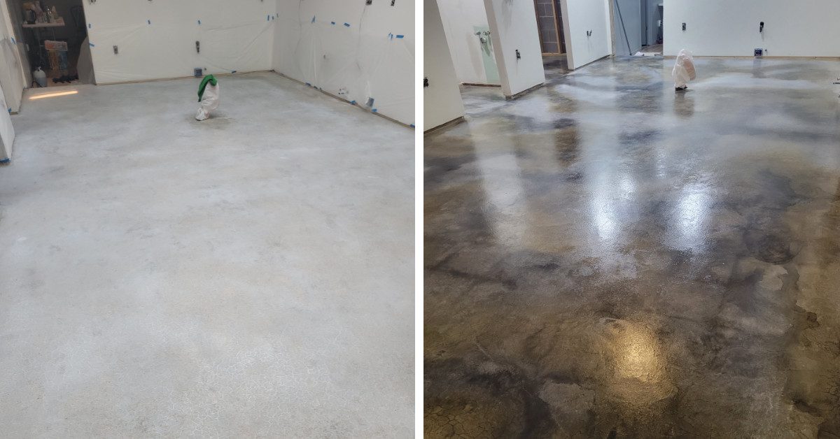 Before and after photos of stained concrete floor with water based ColorWave stains