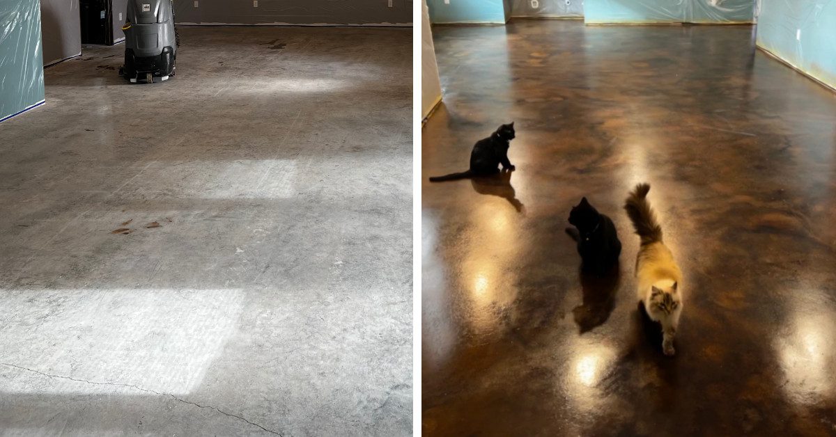 Before and after photos of acid stained concrete basement floor