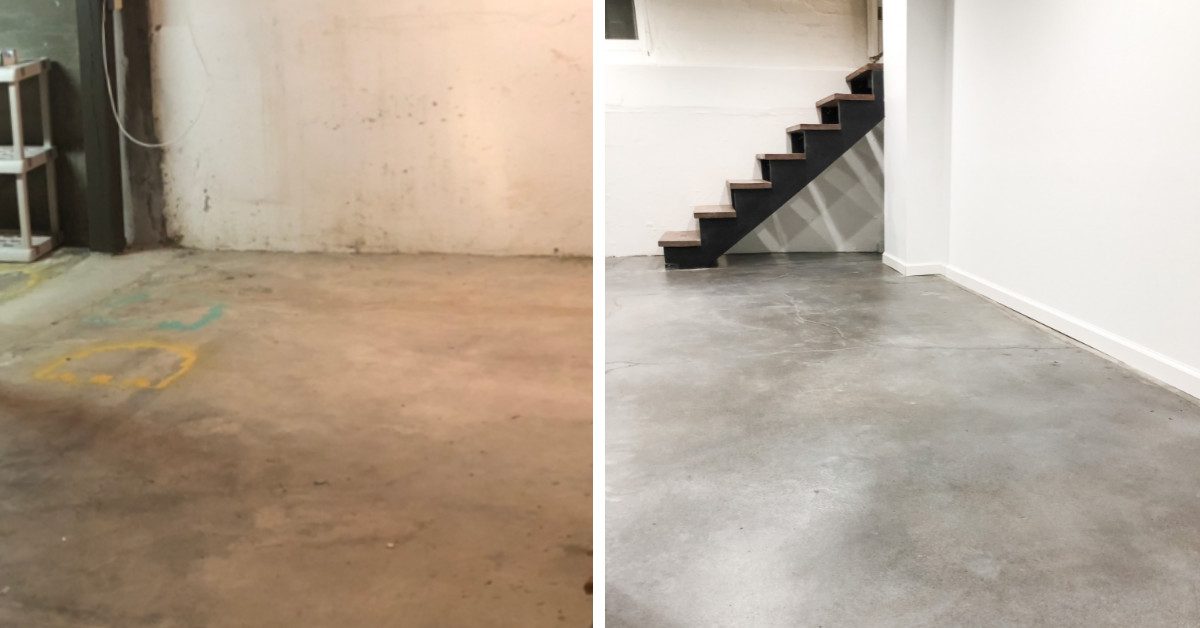 Before: a dull and unfinished basement floor. After: a sleek and sophisticated polished look with Charcoal, White, and Stormy Gray Vibrance dye