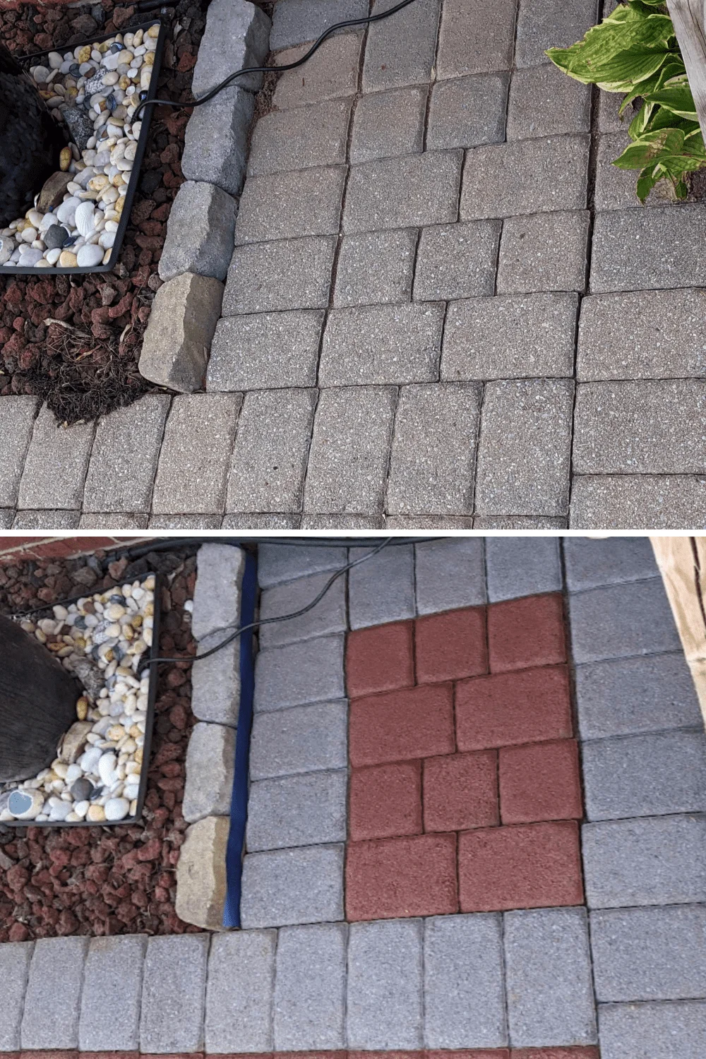 Two photos: first, pavers look old and colorless. Second, those pavers are now vivid crimson red and silver gray
