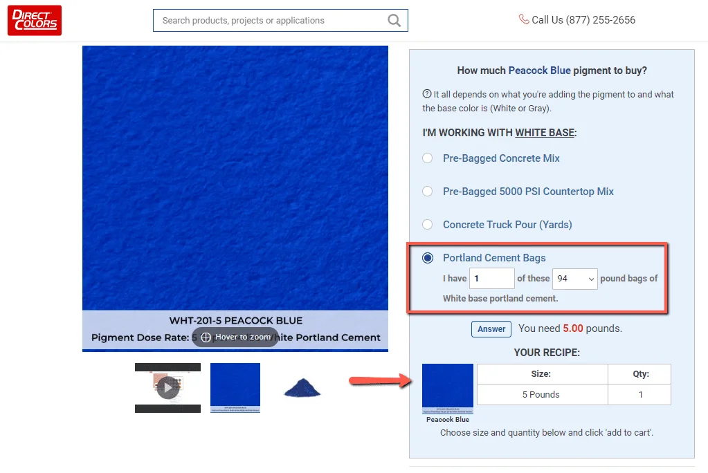 Step 3: Input Cement Amount - Enter the weight of Portland cement in your mix. Our calculator will then reveal the amount of pigment required to achieve your chosen color.