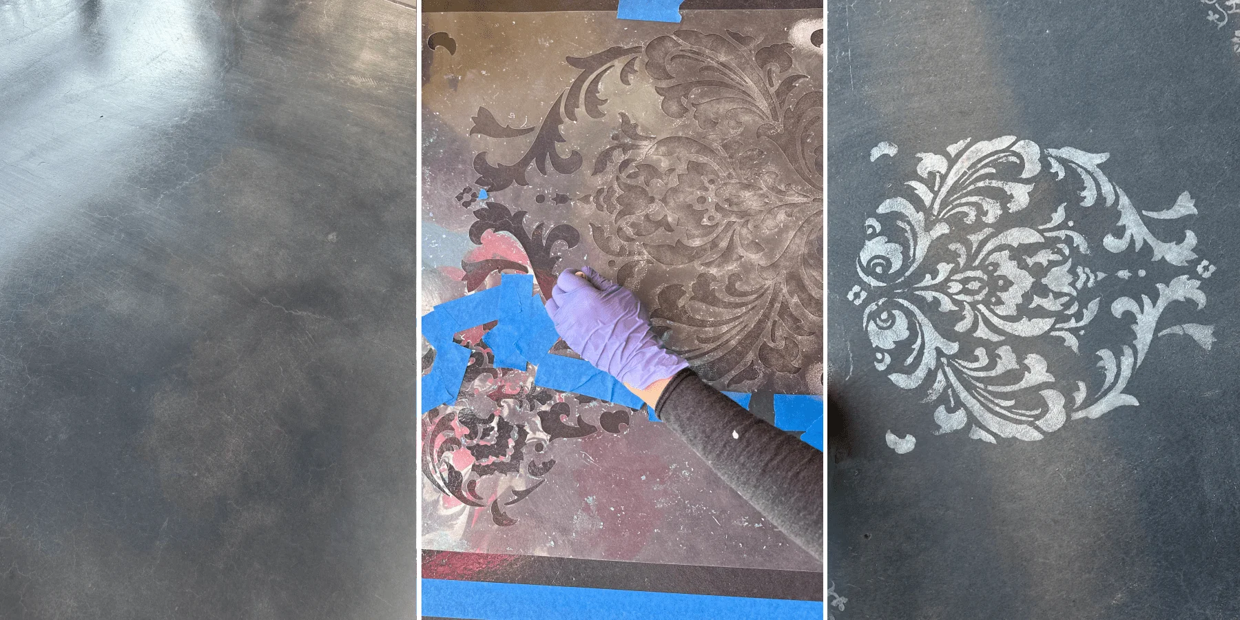 Damask pattern being applied to a stained porch. On the left, the bare stained surface; in the middle, the process of stenciling with a hand applying white acrylic paint over the sealed antiquing stain; on the right, the finished elegant white damask design on the porch