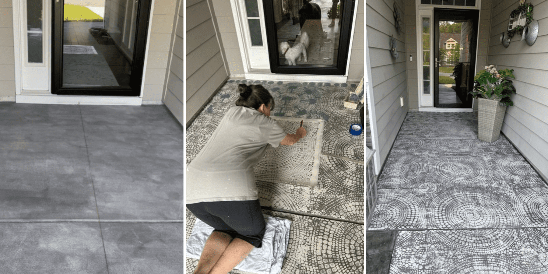 A three-stage transformation of a front porch: starting with plain concrete, progressing through the stenciling process with a woman applying designs, and ending with a fully stenciled surface featuring intricate patterns