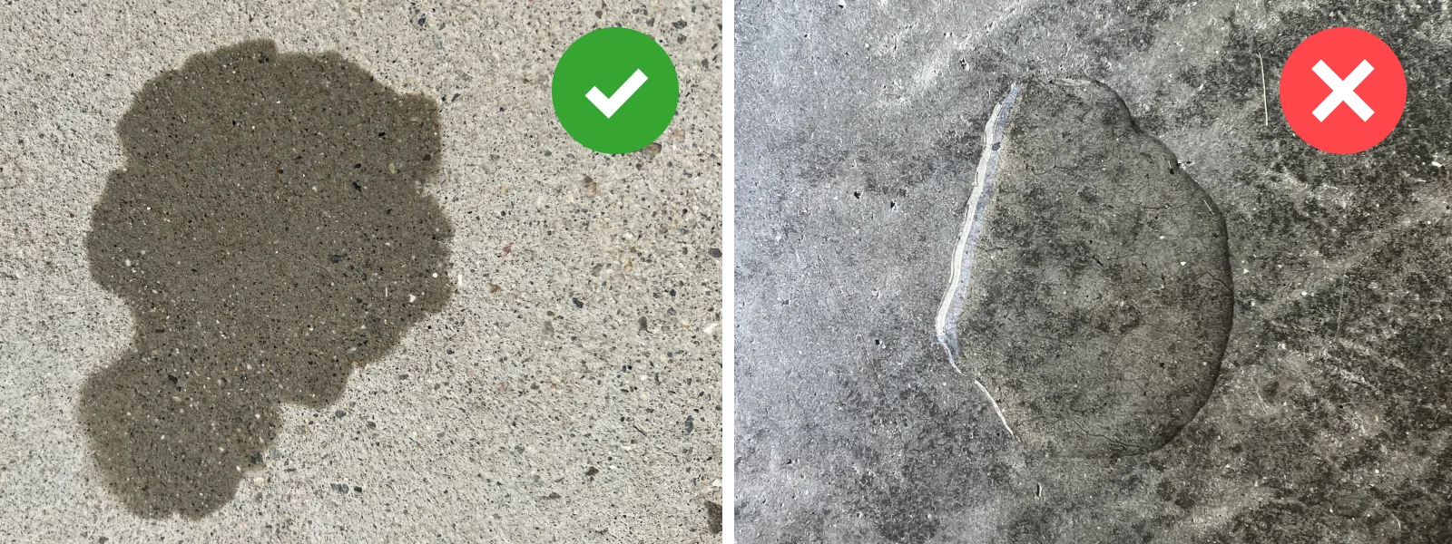 Split photo: left side shows wet concrete that absorbs water, right side shows smooth concrete that repels water
