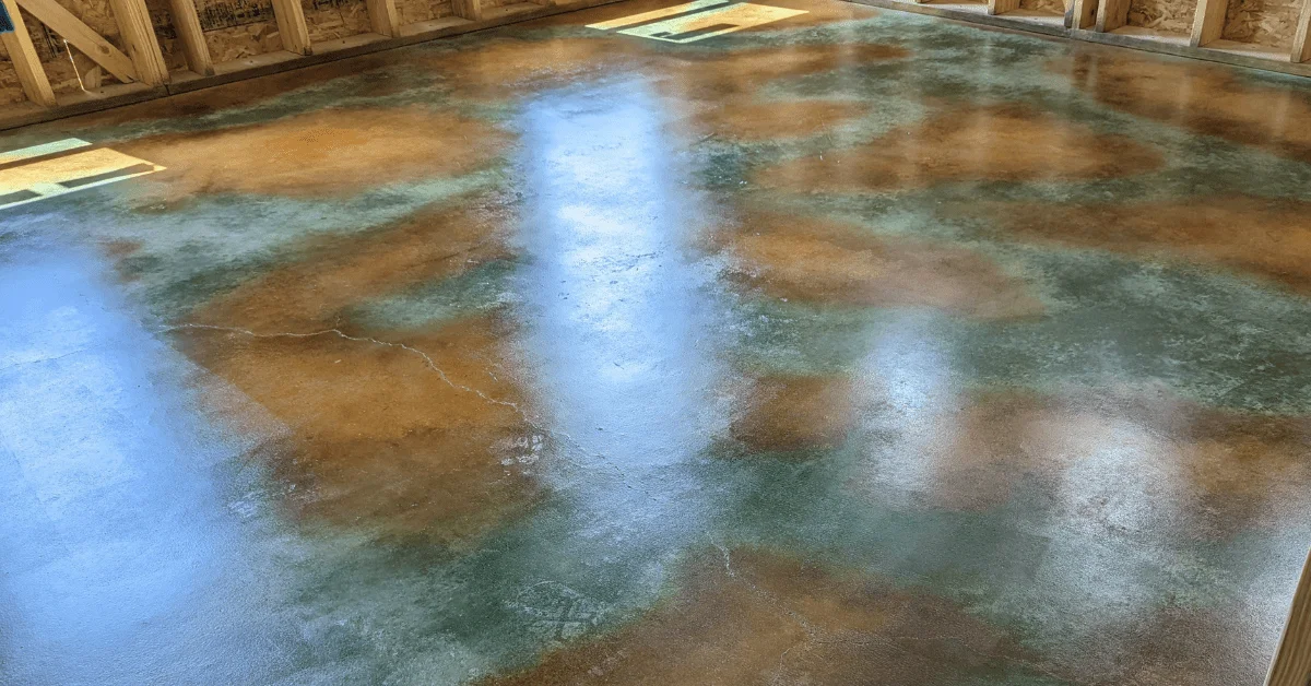 concrete floor stained in Seagrass and Malayan Buff