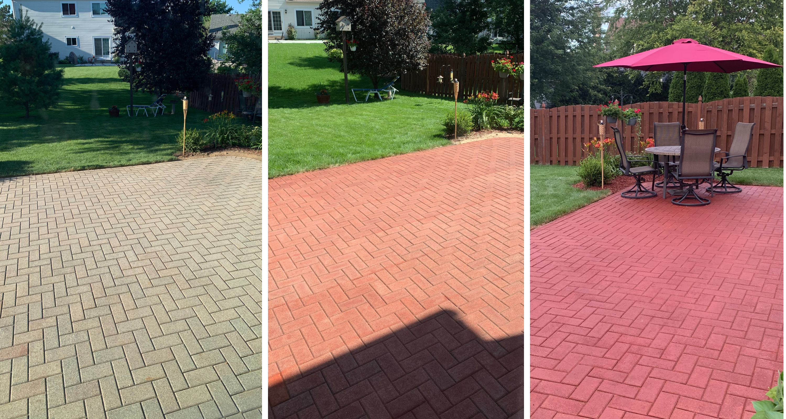 Three images showing a patio's restoration. The first photo features a patio with discolored pavers. The second photo shows the pavers mid-restoration, with a more vivid color. The third photo displays the sealed restoration with the pavers in a deep crimson, complementing outdoor furniture and greenery.