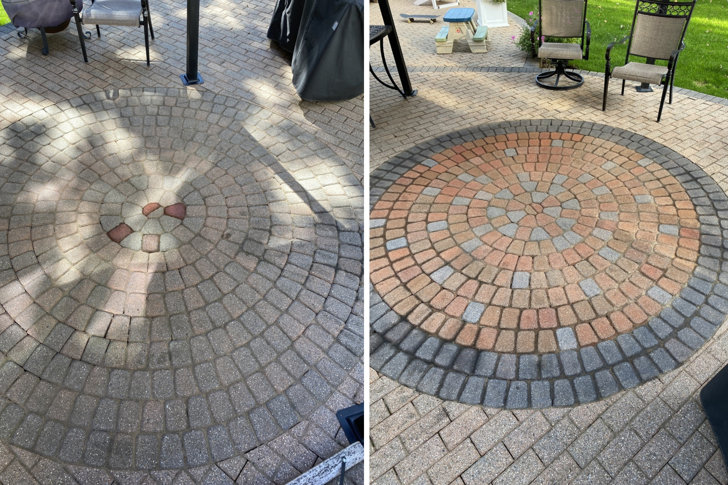 before and after photos of a circular paver design on a patio. The left photo shows the design with faded colors before restoration. The right photo displays the same design with colors restored to vibrant shades, with the outer ring in deep charcoal and the inner circles in a mix of terracotta, russet and silver gray