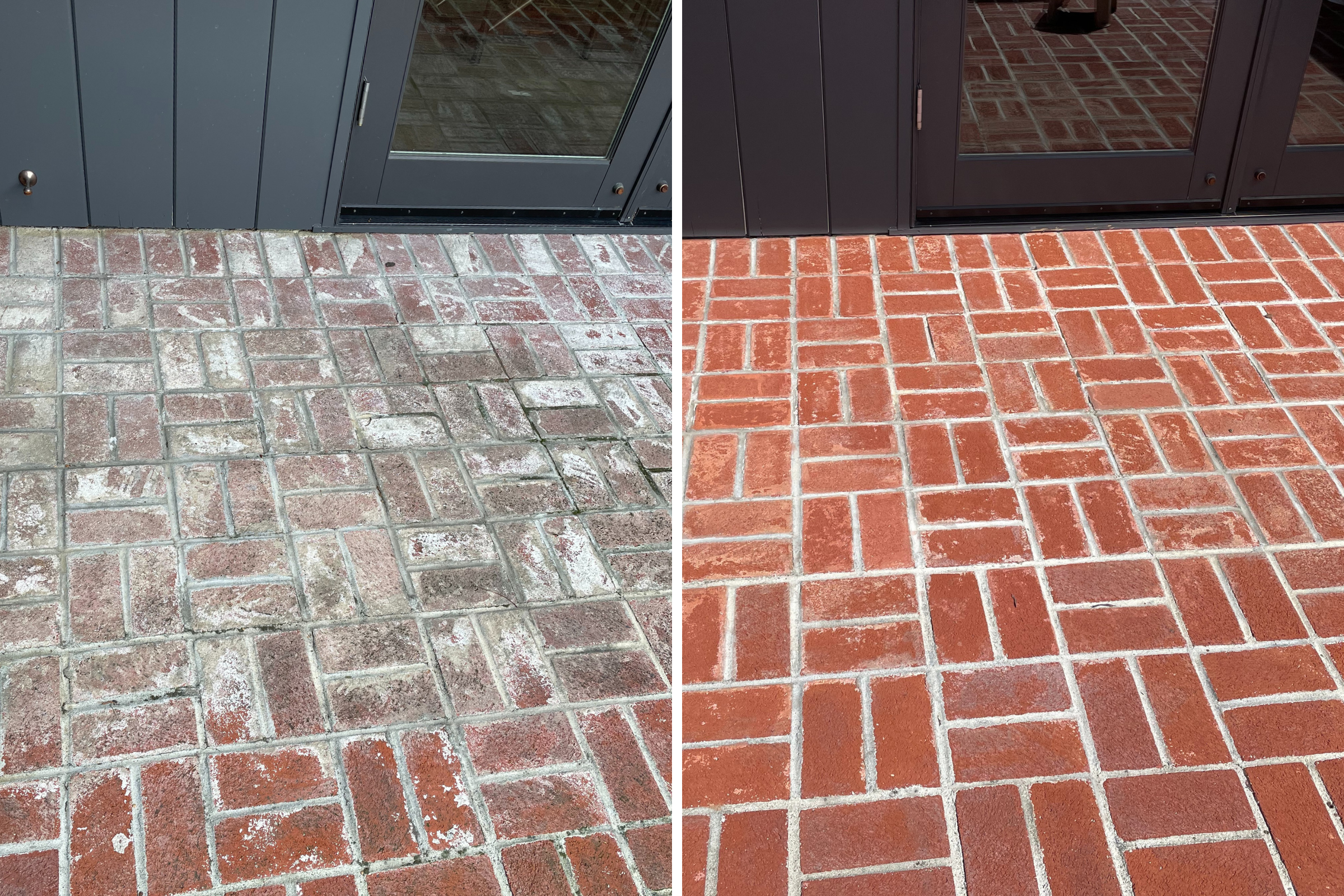 Before and after images of a paver patio restoration. The left side shows the patio with white efflorescence and faded colors. The right side shows the same patio with the efflorescence removed and uniformly colored pavers