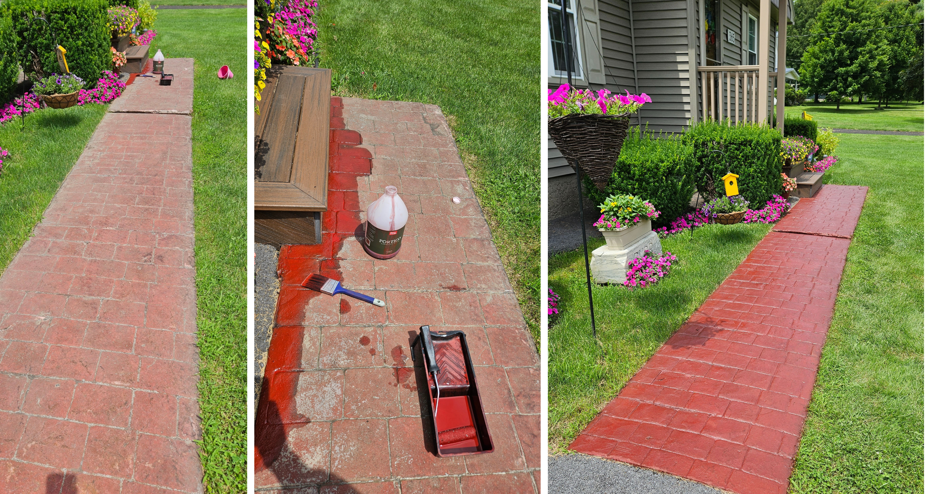 A series of three images showing the restoration of a faded brick paver walkway. The first image depicts the walkway before treatment, looking worn and faded. In the second image, supplies such as a brush, paint tray, and a jug of Portico™ terracotta stain are laid out on the pavers, ready for application. The third image showcases the rejuvenated walkway after staining, with the pavers appearing in a rich, uniform terracotta color, complemented by vibrant flower beds on either side