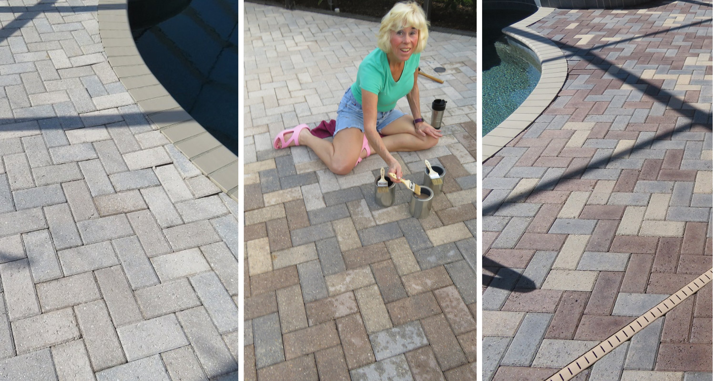 A three-image sequence showing the restoration process of faded pool deck pavers. The first image displays the pool area with faded pavers looking washed out. In the second image, a smiling woman is preparing to apply EasyTint acrylic tinted sealer to the pavers, with four cans of stain and a paintbrush at her side. The final image reveals the refreshed pavers in varied shades of gray, brown and tan, updating the poolside's aesthetic.