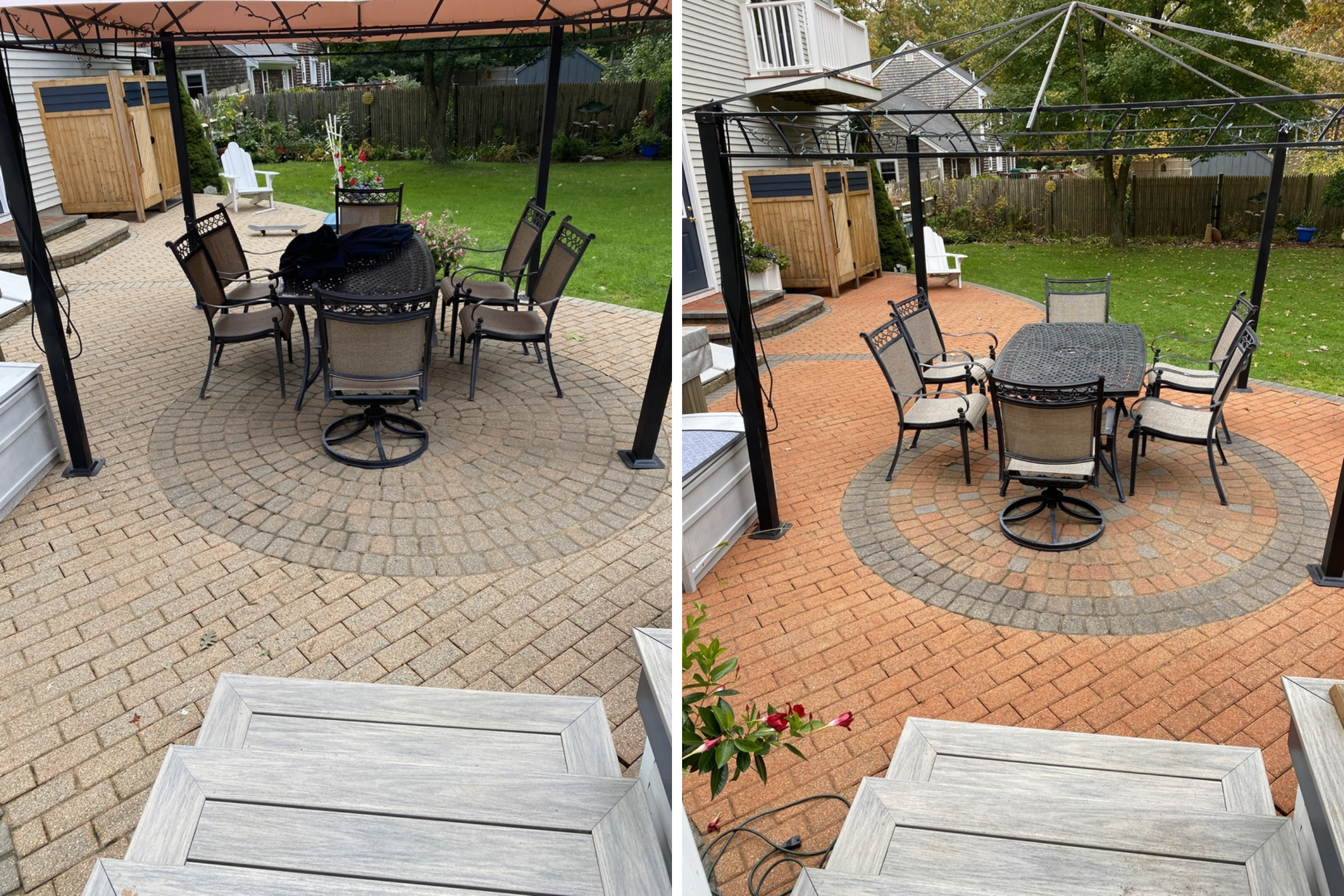 Two images comparing a patio area before and after the restoration of paver color. The first image shows the patio with faded pavers under a metal pergola with outdoor furniture. The second image presents the same view, but with the pavers recolored in shades of terracotta, enhancing the warmth and inviting atmosphere of the outdoor space.