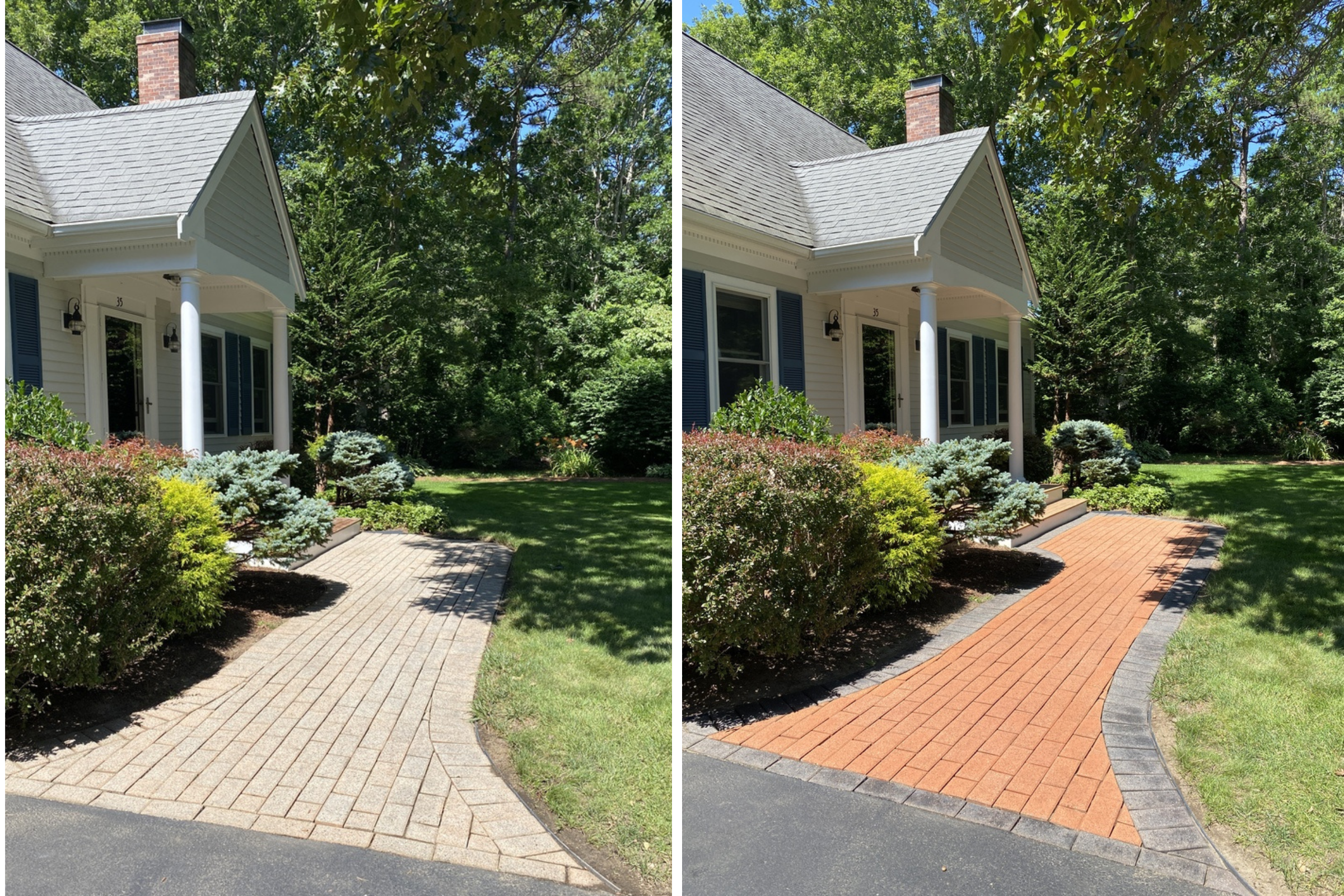 Before and after images of a front porch walkway restoration. The left photo shows the original discolored pavers. The right photo features the same walkway after restoration, with the pavers in a vibrant terracotta color, complemented by a charcoal edge border, enhancing the home's welcoming appeal.