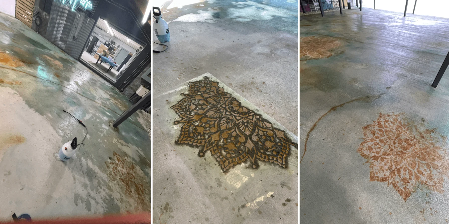 The first image shows a concrete floor being stained with azure blue, seagrass, and malayan buff. The second image focuses on a detailed floral-patterned stencil lying on the concrete floor, revealing the design being stained with acid in warm brown tones. The third image shows the result of the removed stencil, leaving a beautiful, intricate floral pattern stained on the concrete.