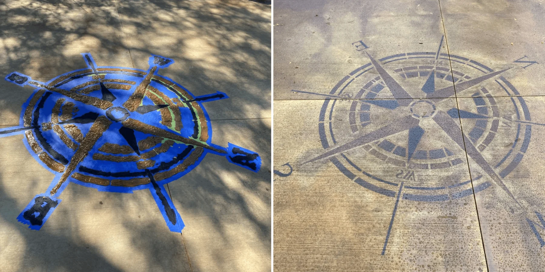 On the left, the compass is outlined with frog's tape and filled english red, coffee brown, and black DecoGel acid stains, giving it a colorful, textured appearance. On the right, the finished compass design shows the detailed work