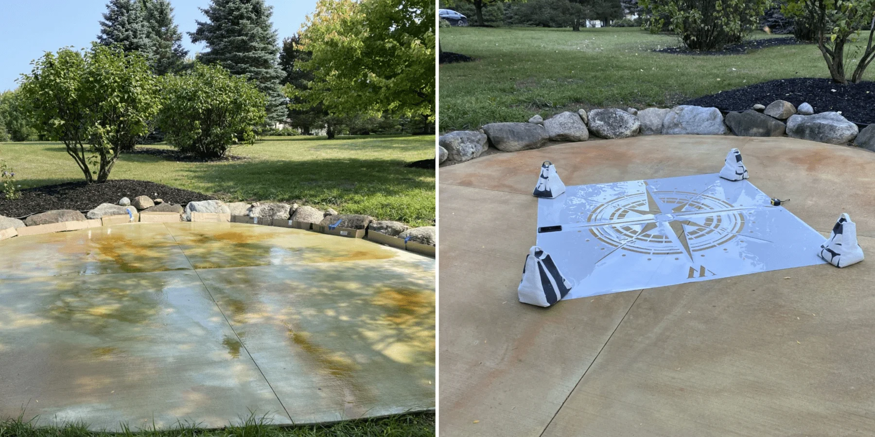 Before and after images of a concrete patio renovation. On the left, the patio has a freshly stained appearance with warm sand and cola acid stains, giving it a variegated earth-toned finish. On the right, a large compass design stencil is being placed onto the patio surface, with weight bags at the corners to hold it down for tracing