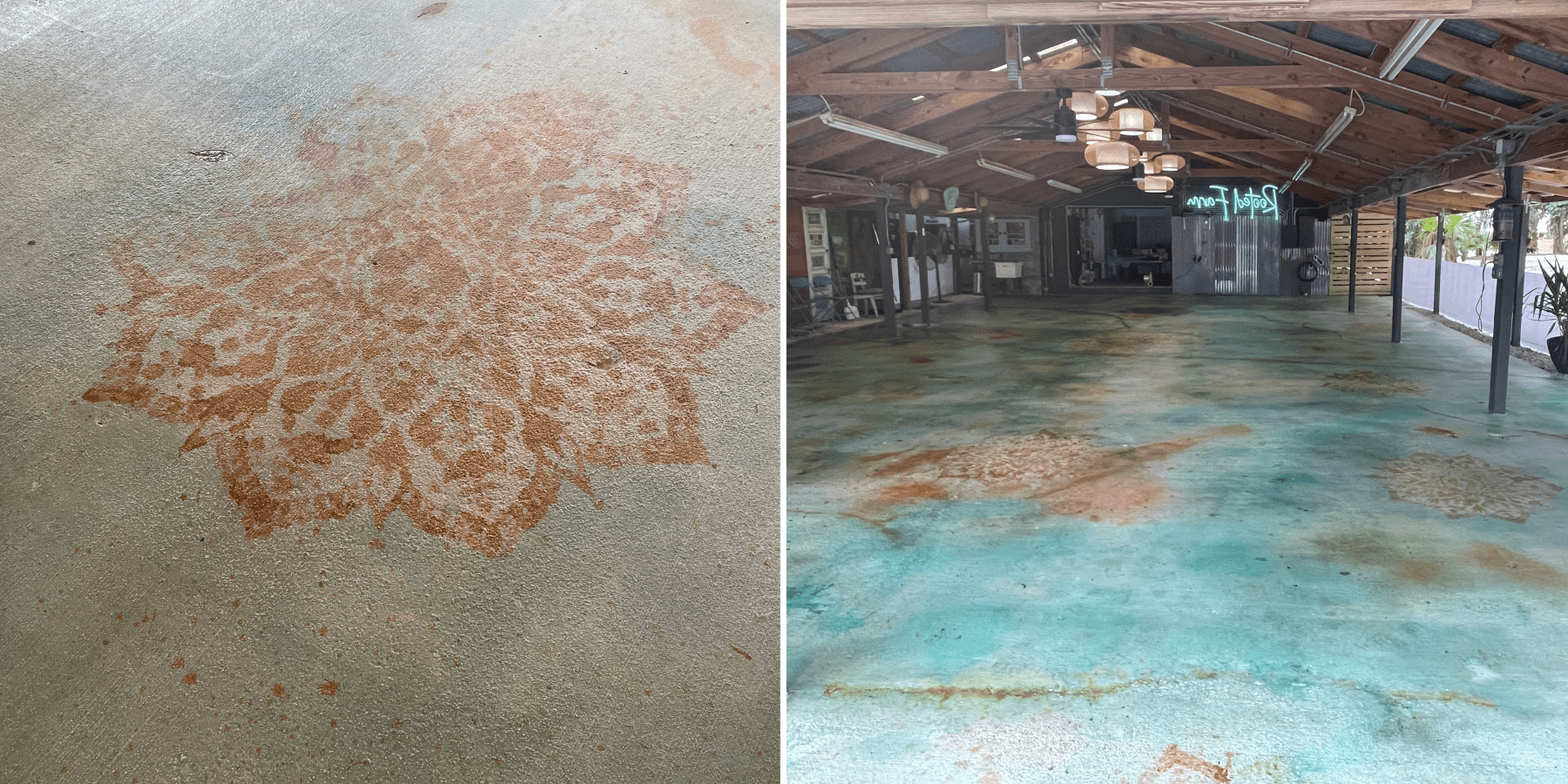From worn to wow: A DIYer’s journey of floor revival using stencils and acid stains to create a tapestry of patterns on an old concrete floor.