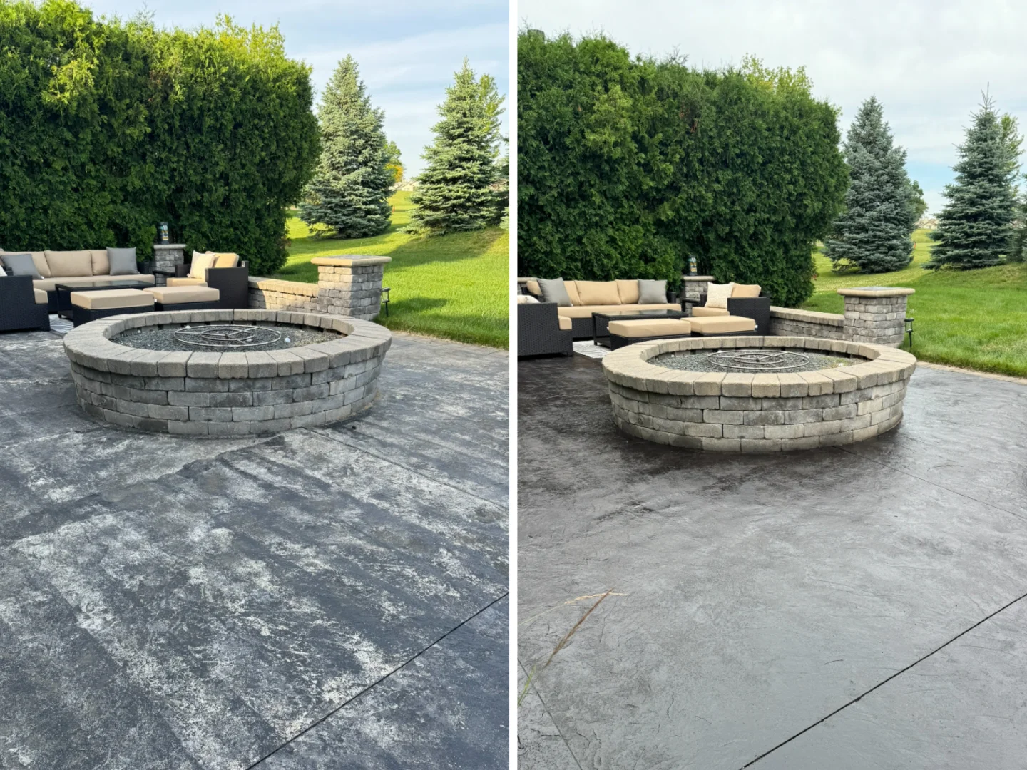 A side-by-side comparison of a stamped concrete patio before and after renovation, showing a faded surface on the left and a rich, dark finish on the right.