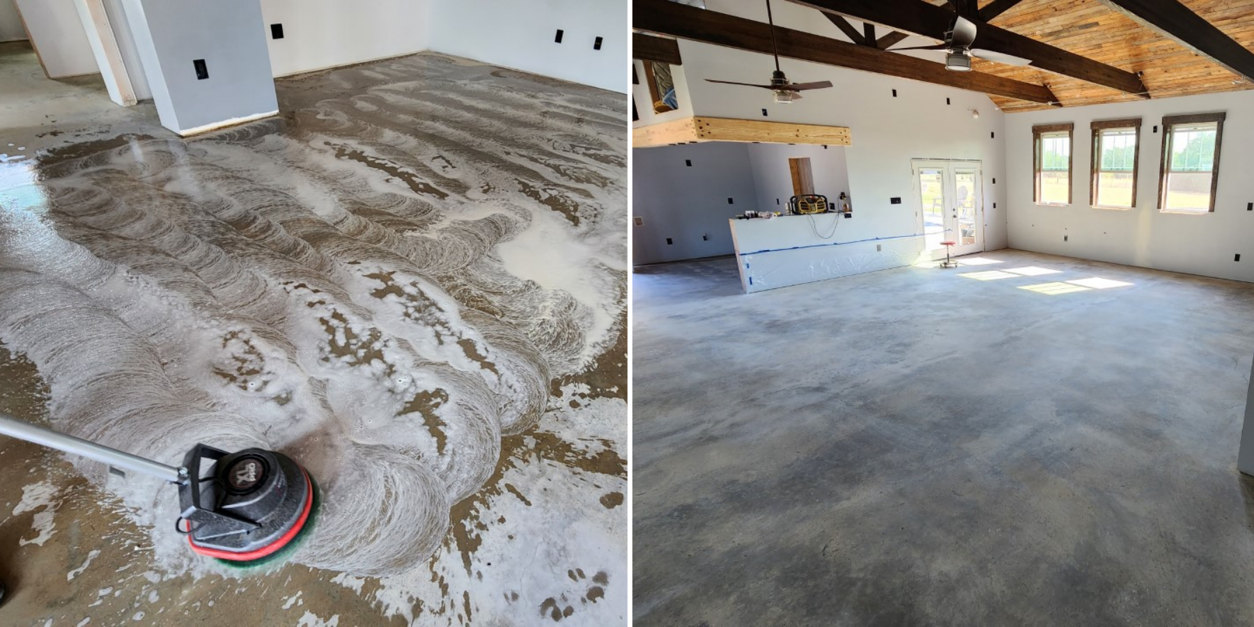 Side-by-side image showing the concrete surface cleaning process Side-by-side image showing the concrete surface cleaning process — one side with a floor scrubber and foamy cleaner, and the other showing a clean, dry, and prepped concrete floor ready for acid staining