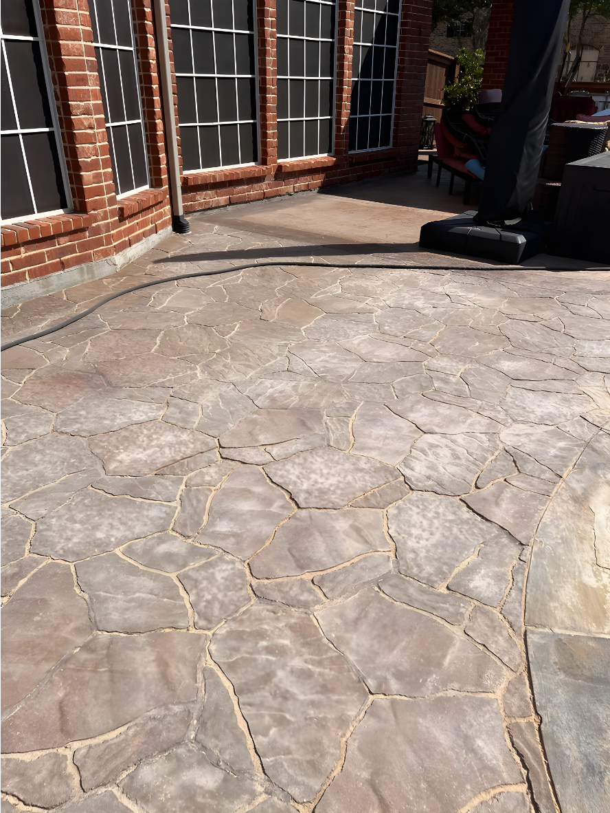 Before - Portico - Patio - Aztec Brown - EasyTint - Maple - Stamped Stamped concrete patio with faded color and worn sealer before refinishing