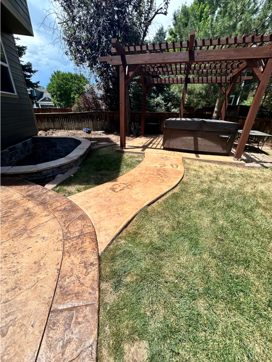 Faded, discoloreOutdoor living area and stamped Outdoor living area and stamped patio refinished in Café Royale