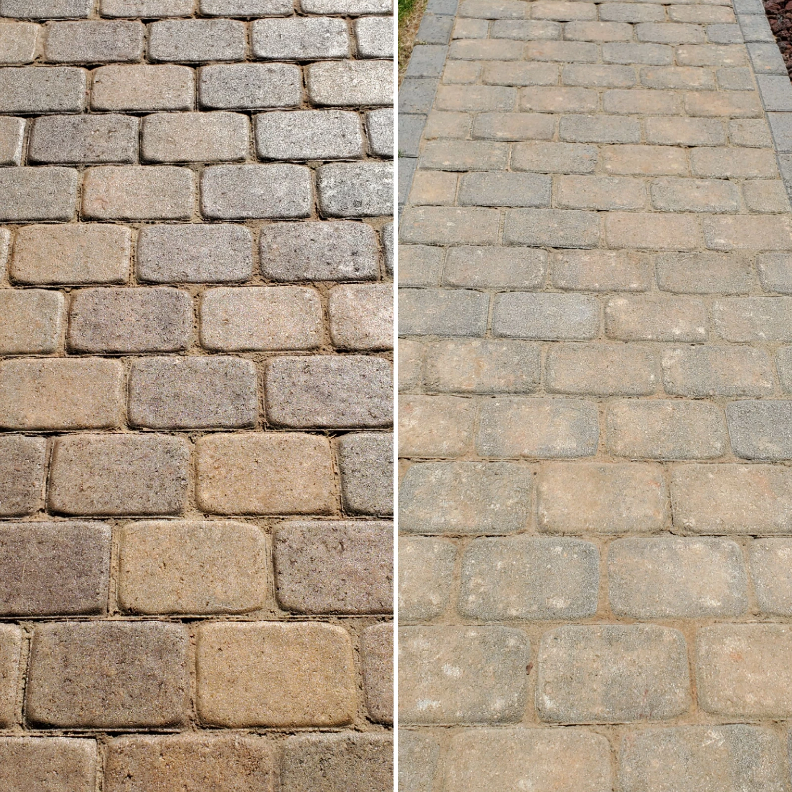 Side-by-side-before-and-after-photos-aztec-brown-yukon-antiquing-stains Before and after comparison showing how Aztec Brown and Yukon Gold revived a worn-out patio surface.