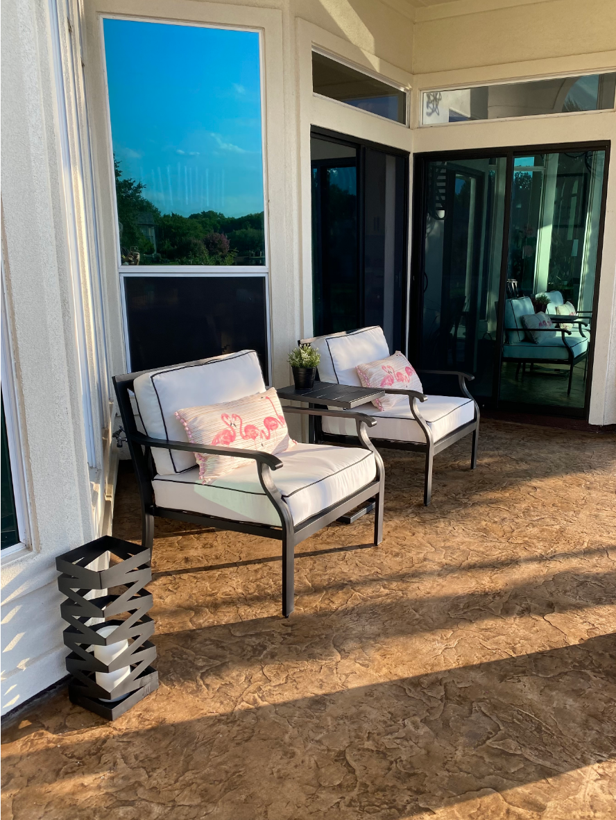 Stamped concrete patio after refinishing with Caf Royale Antiquing™ Stain Café Royale Antiquing™ Stain restored color and depth to the worn concrete surface