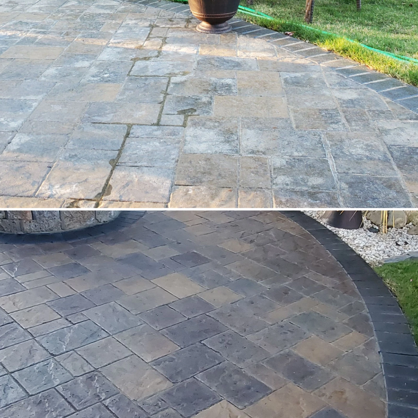 detailed-view-before-and-after-using-aztec-brown-black-charcoal-yukon-antiquing-stains Detailed view of patio pavers before and after coloring and sealing, highlighting the improved definition and water resistance.