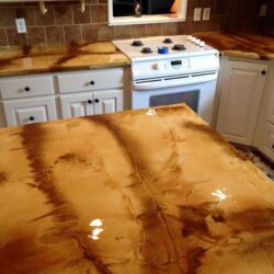 Smooth White Overlay with Malayan Buff and Coffee Brown Acid Stains Sealed with 100% Epoxy Countertop Sealer Acid Stain Overlay Kitchen Countertop