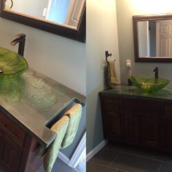 Azure Blue, Sea Grass, Shifting Sand and Cola Deco Gel Acid Stains and sealed with Single Component Polyurethane Sealer Acid Stained Bathroom Countertop