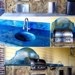 Integrally Colored with Blue 1515, 15.4, 75 Premium Concrete Pigments and 1311 Gold Concrete Pigment sealed with High Gloss 500 Polyurethane Sealer Blue Outdoor Kitchen Countertop