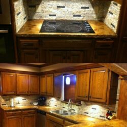 Smooth Gray Concrete Overlay troweled over existing kitchen countertops acid stained with Malayan Buff and Desert Amber and sealed with Epoxy and Polyurethane sealers. Epoxy High Gloss Countertop