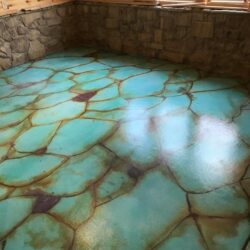 Wet on dry technique using Azure Blue 1:1 & Cola Full & Diluted 10:1. Matte Polyurethane Sealer Acid Stained Turquoise Floor