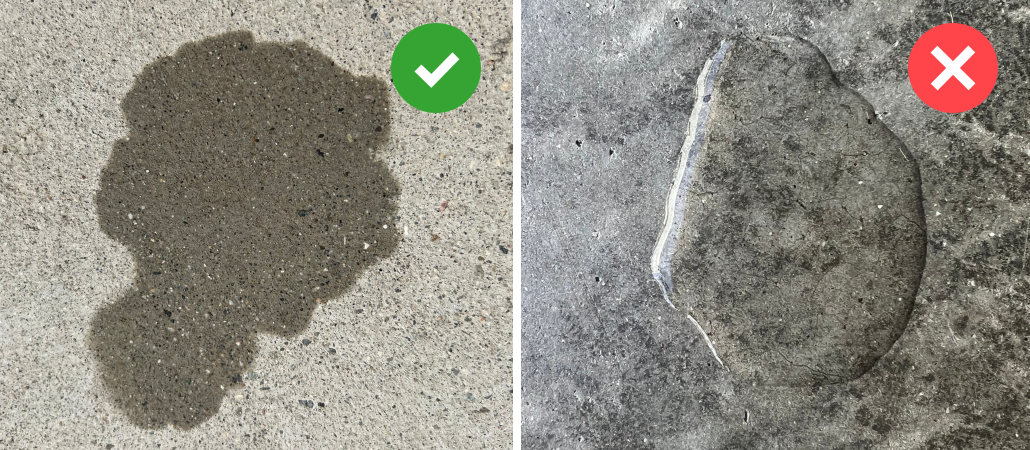 Image showing two concrete surfaces: on the left, a surface that passes the water absorption test with water penetrating the concrete, and on the right, a surface failing the test with water pooling on top