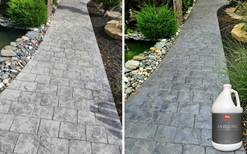 Before and after images of a stamped walkway. The after image shows a previously faded walkway now brought to life with a rich Gray Antiquing™ Stain