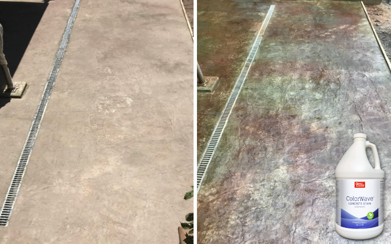 Before and after images of a heated stamped concrete driveway. The after image features a driveway colored with a mottled look using Almond, Amber, and Olive ColorWave® stains, showcasing its striking transformation