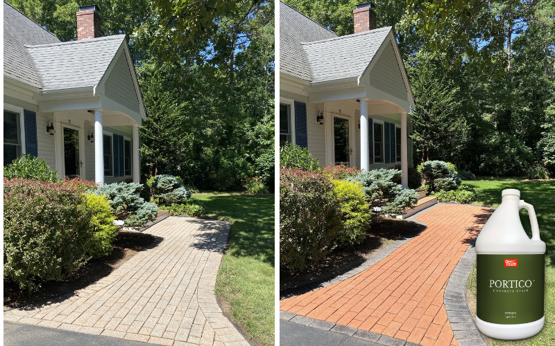 Before and After: Experience the transformation of a walkway from plain to stunning with our Terracotta and Charcoal Portico™ Paver Stains
