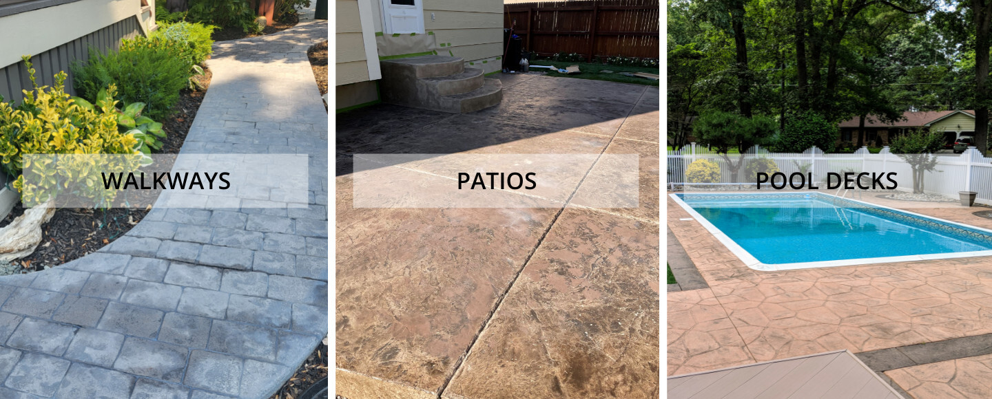 Faded stamped concrete walkway, patio and pool deck